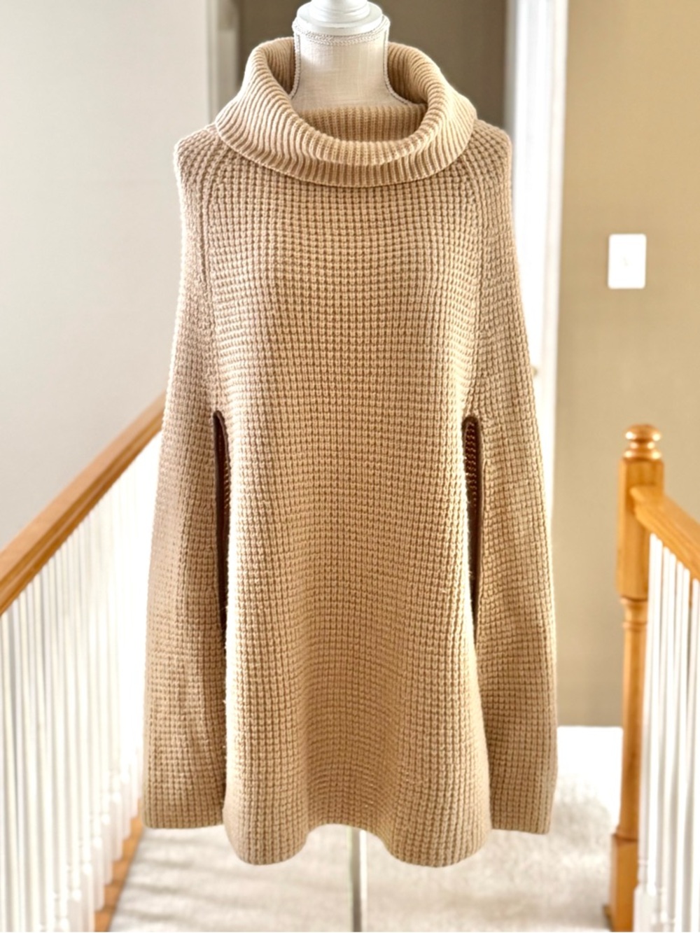 Lauren Ralph Lauren Tan Wool Blend Cowl Neck Waffle Knit Poncho Sweater